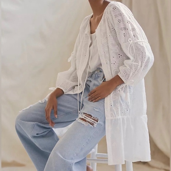 Maeve Anthropologie White Embroidered Eyelet Boho Puff Sleeve Cardigan One Size - Picture 2 of 10